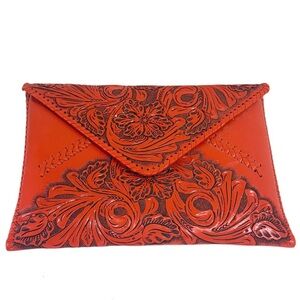 ORIGENE Coral hand-tooled by master craftsmen 100% Leather Clutch Bag